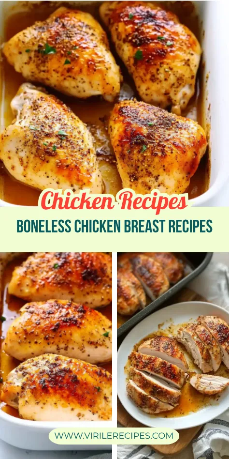 Collage of juicy boneless baked chicken breasts, seasoned and served in white dishes with golden pan juices