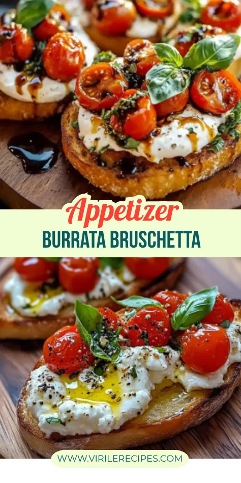 Toasted bruschetta topped with creamy burrata, cherry tomatoes, basil, and balsamic glaze on a wooden serving board