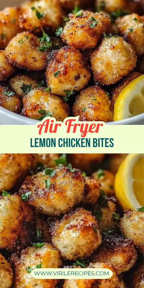 Close-up of golden brown air fryer lemon chicken bites garnished with parsley and lemon slice in a white bowl