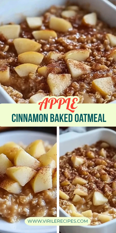 Apple cinnamon oatmeal collage showing full baked dish and individual serving
