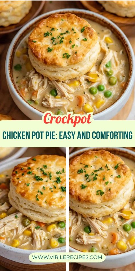 Easy Crockpot Chicken Pot Pie with Buttery Biscuit Topping Crockpot chicken pot pie with fluffy biscuit and creamy vegetable filling in a white bowl