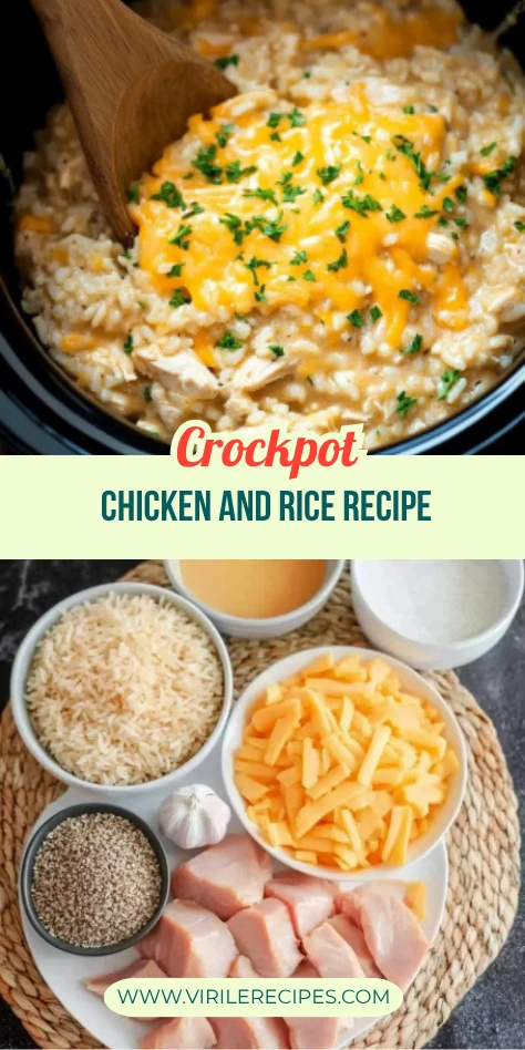 Two-image recipe card showing finished cheesy crockpot chicken and rice and raw ingredients on mat