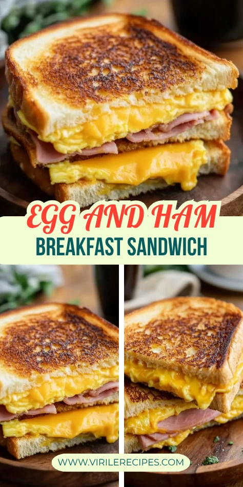 Multiple views of egg and ham breakfast sandwich with melted cheese on toast, ideal for morning meals
