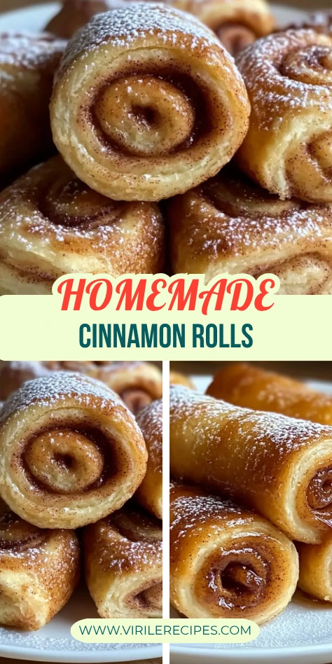 Homemade cinnamon rolls collage showing close-up views of fluffy cinnamon buns topped with powdered sugar.