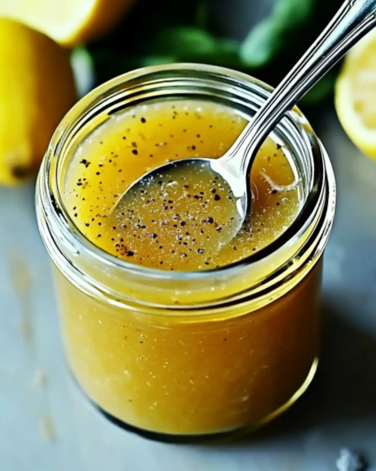 Close-up of homemade lemon vinaigrette dressing in a mason jar with spoon