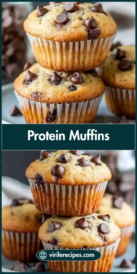 Stack of chocolate chip protein muffins labeled “Protein Muffins” with a rustic wooden background.
