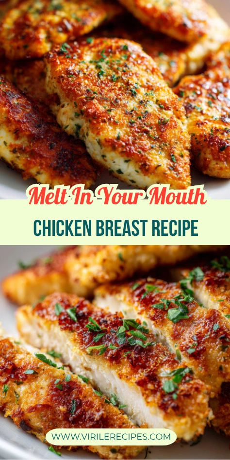 Melt in your mouth chicken breast with crispy cheese crust and herbs, plated beautifully