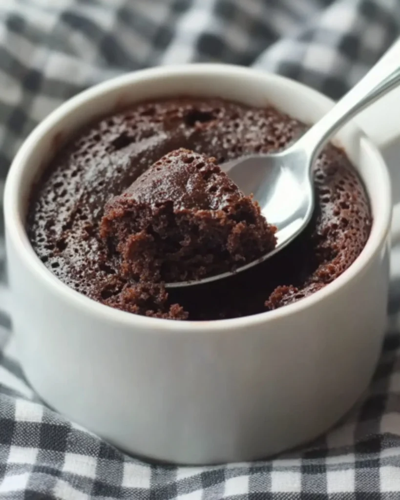 Classic microwave chocolate cake in a white mug on checkered kitchen towel