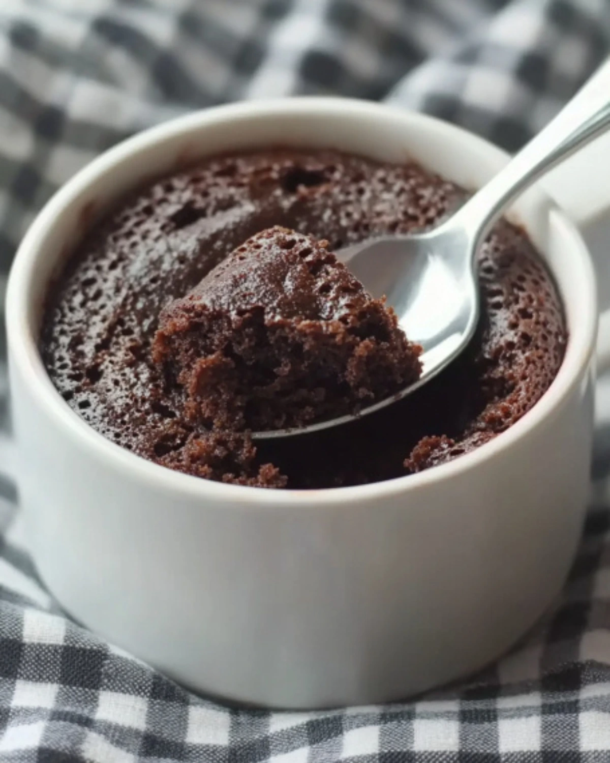 Classic microwave chocolate cake in a white mug on checkered kitchen towel