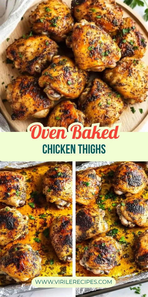 Oven baked chicken thighs recipe visual with crisp chicken on platter and baking tray