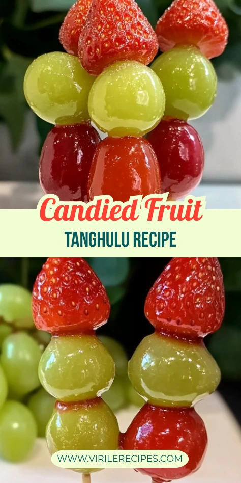 Tanghulu candied fruit collage featuring strawberries and grapes in a glossy sugar shell