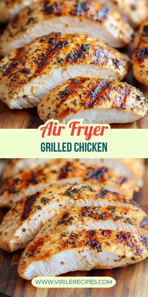 Juicy boneless grilled chicken breast made in an air fryer, displayed in thick, golden-brown slices.