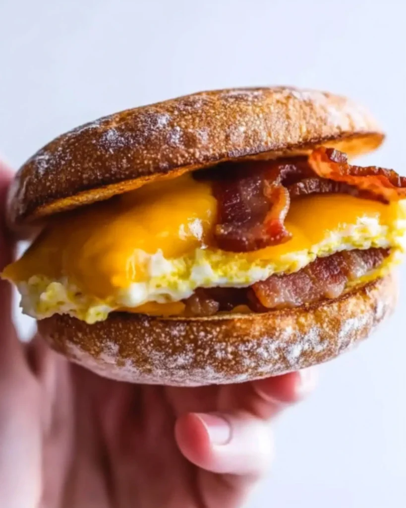 Hand holding a crispy bacon, egg, and cheddar English muffin breakfast sandwich with melted cheese