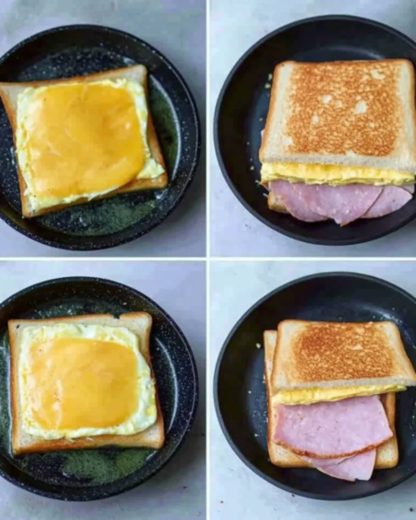 Step-by-step cooking process of egg and ham breakfast sandwich in skillet with cheddar cheese and folded eggs