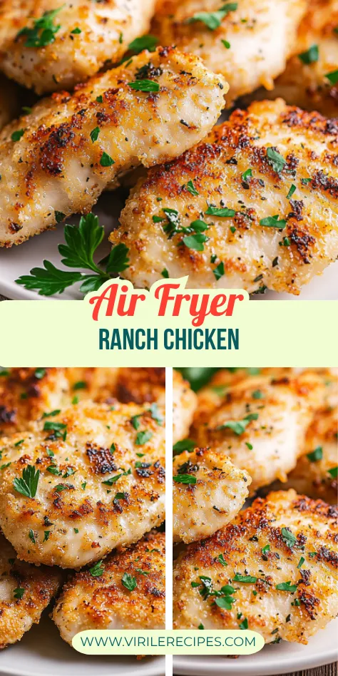 Golden brown air fryer ranch chicken breast pieces shown in two close-up shots, garnished with fresh herbs