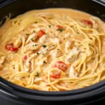Cooked CrockPot cheesy chicken spaghetti with diced tomatoes and herbs in a black slow cooker.