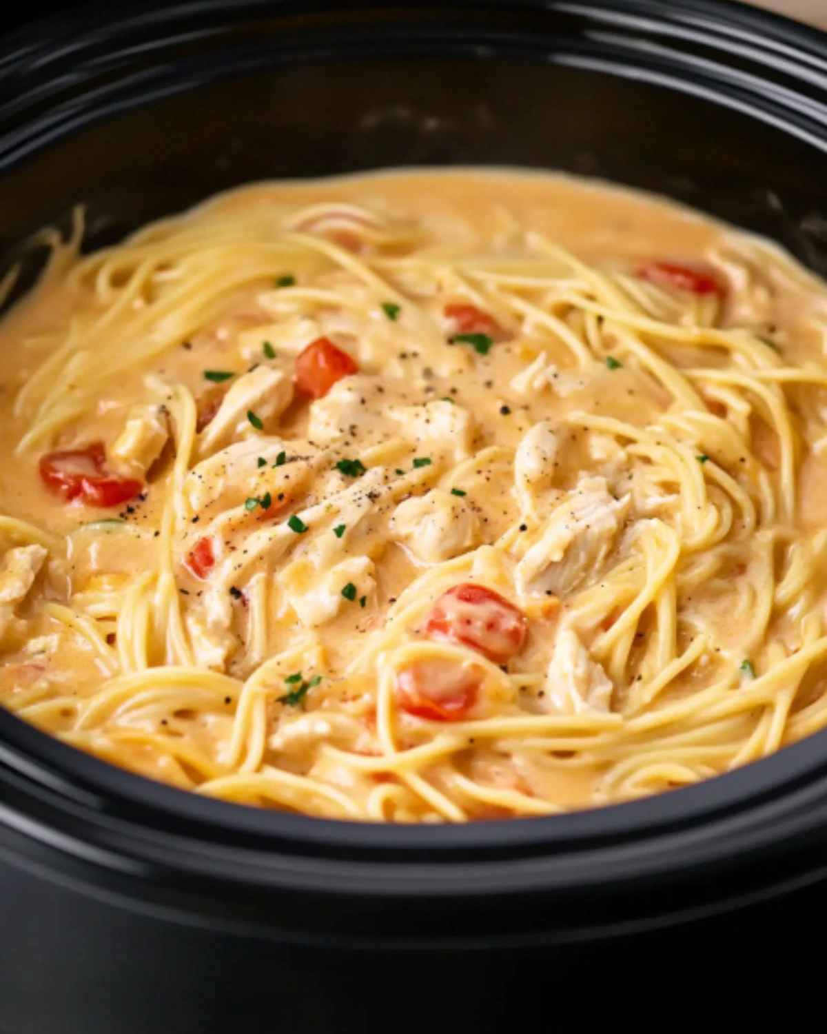 Cooked CrockPot cheesy chicken spaghetti with diced tomatoes and herbs in a black slow cooker.