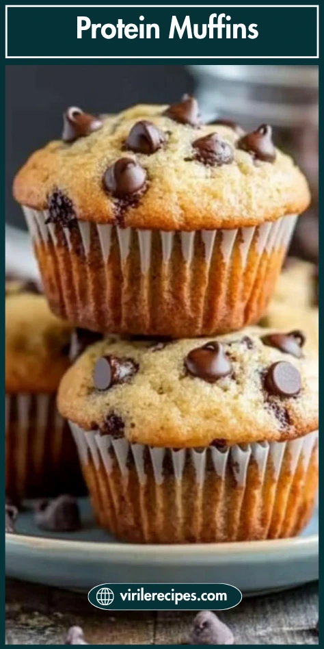 High-protein muffins topped with chocolate chips, displayed with text “Protein Muffins” on a teal label.