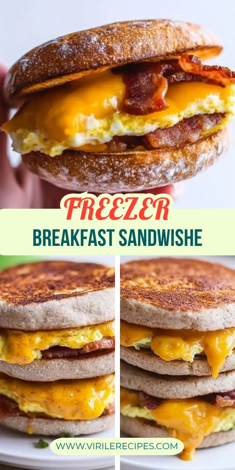 Collage of homemade freezer breakfast sandwiches with bacon, egg, and melted cheddar cheese