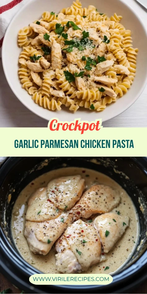 Crockpot chicken pasta and garlic cream sauce collage with recipe name