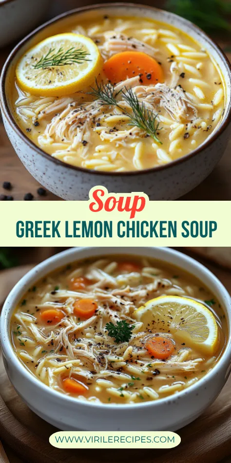 Two bowls of Greek lemon chicken soup featuring shredded chicken, lemon slices, carrots, dill, and orzo in a creamy broth on a wooden surface