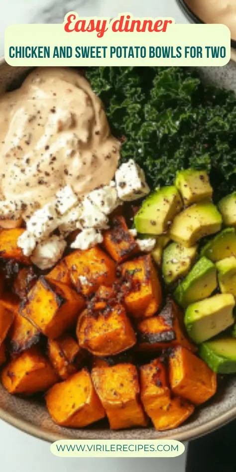 Two overhead bowls filled with roasted sweet potatoes, avocado, kale, feta, and dressing – simple chicken and sweet potato bowl recipe.