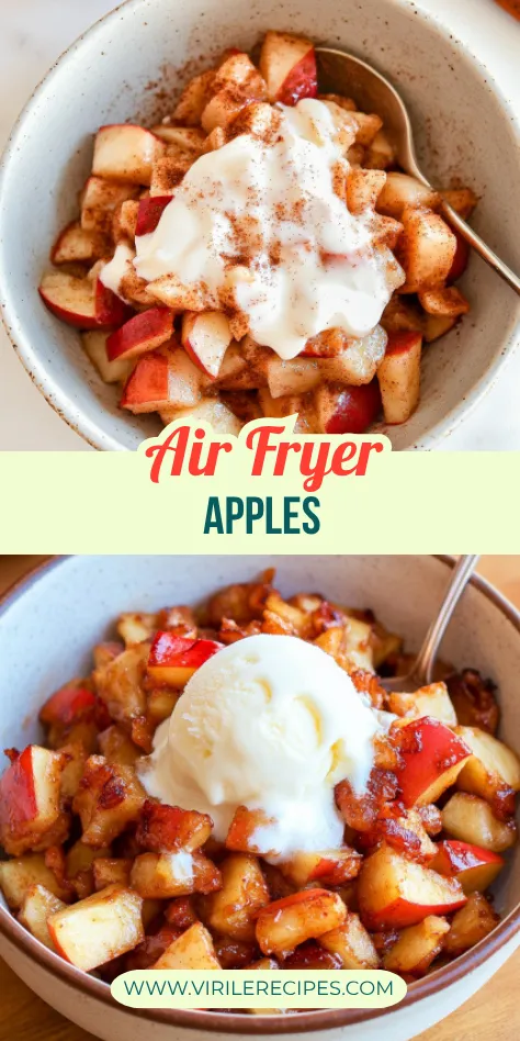 Air fryer apples served warm with vanilla ice cream and coconut cream in rustic bowls – easy fall dessert idea