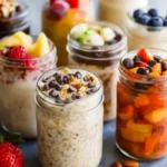 Variety of colorful overnight oats in glass jars topped with fruits, chocolate, and nuts.