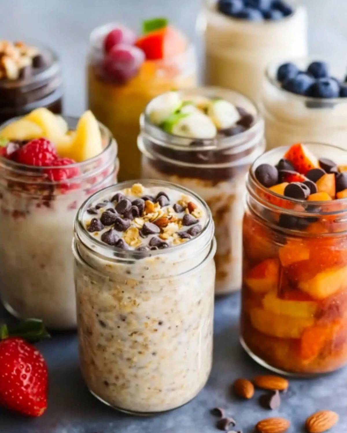 Variety of colorful overnight oats in glass jars topped with fruits, chocolate, and nuts.