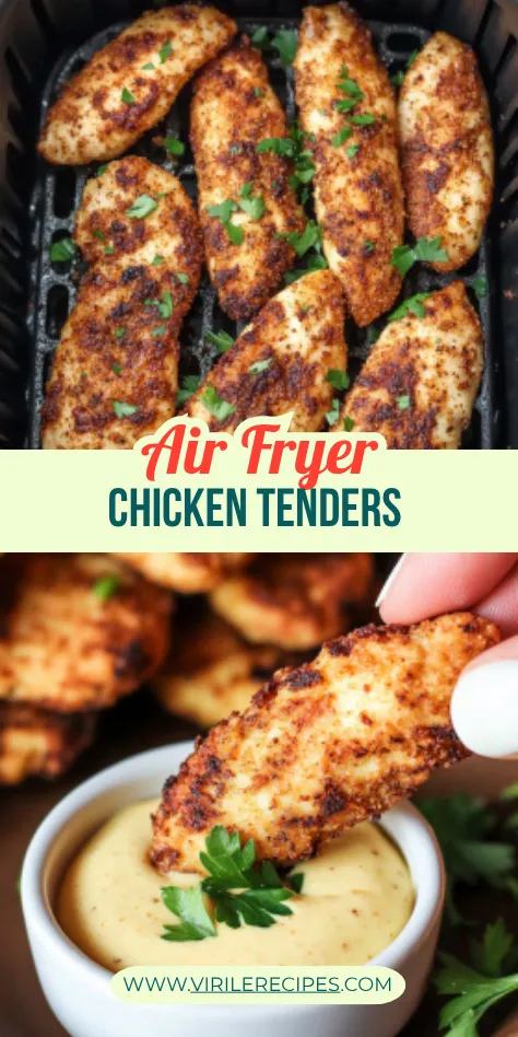 Golden-brown Air Fryer Chicken Tenders with parsley garnish, served with creamy dipping sauce.