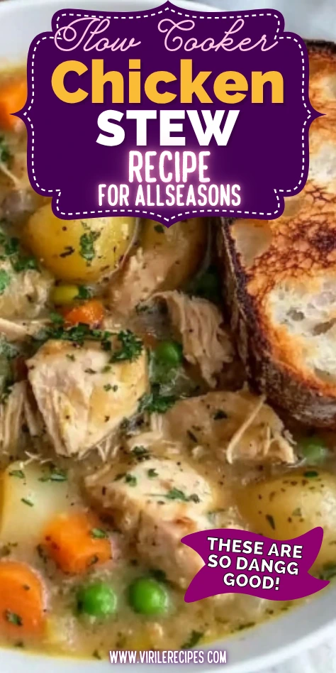 Slow cooker chicken stew served with crusty sourdough bread and fresh herbs