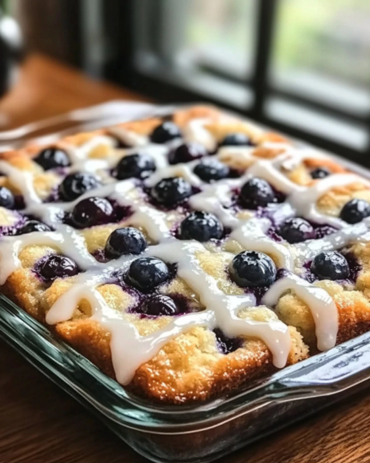 Homemade blueberry breakfast cake in glass dish near a window, topped with vanilla glaze