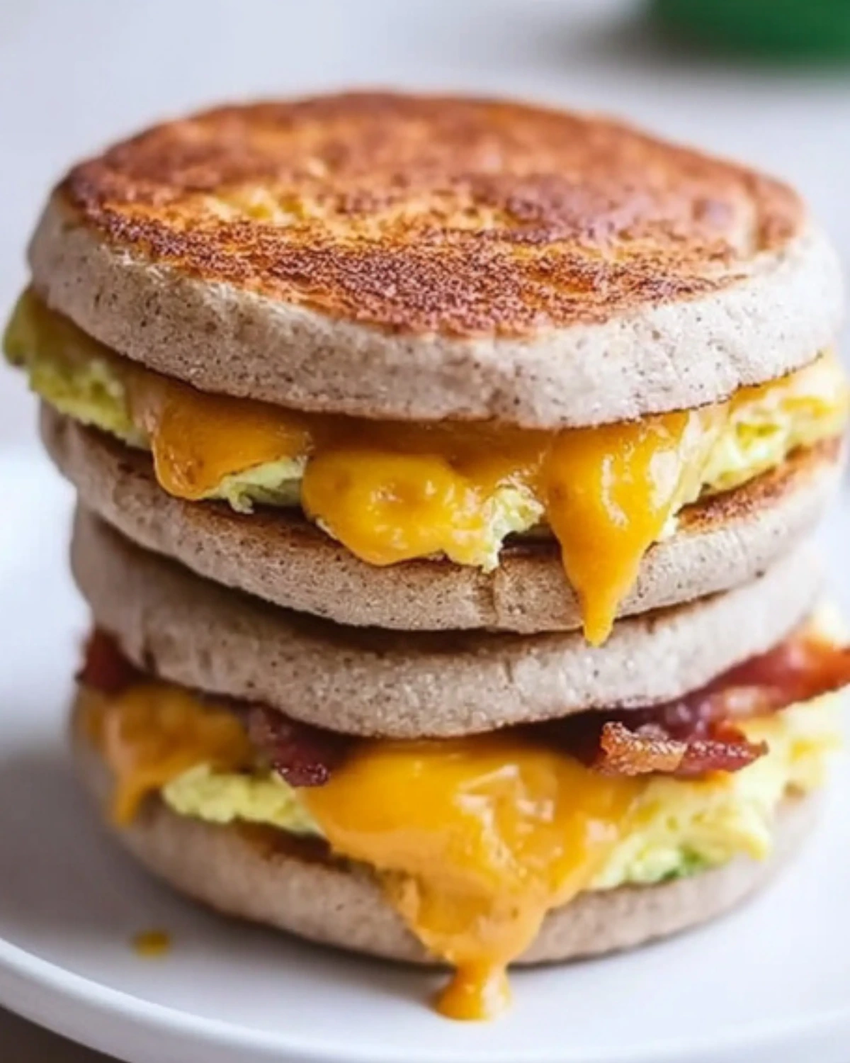 Stack of homemade freezer breakfast sandwiches with egg, bacon, and melted cheese on toasted English muffins