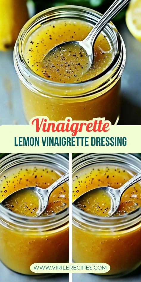 Multiple views of lemon vinaigrette dressing in jars with spoon and text overlay