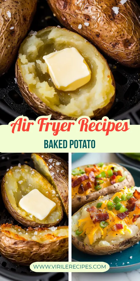 Air fryer baked potatoes with pink salt, butter, and cheesy bacon toppings on a teal plate