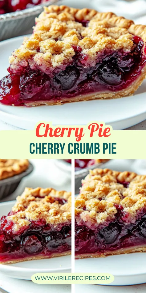 Slice of homemade cherry crumb pie with golden brown streusel topping and juicy cherry filling on a white plate