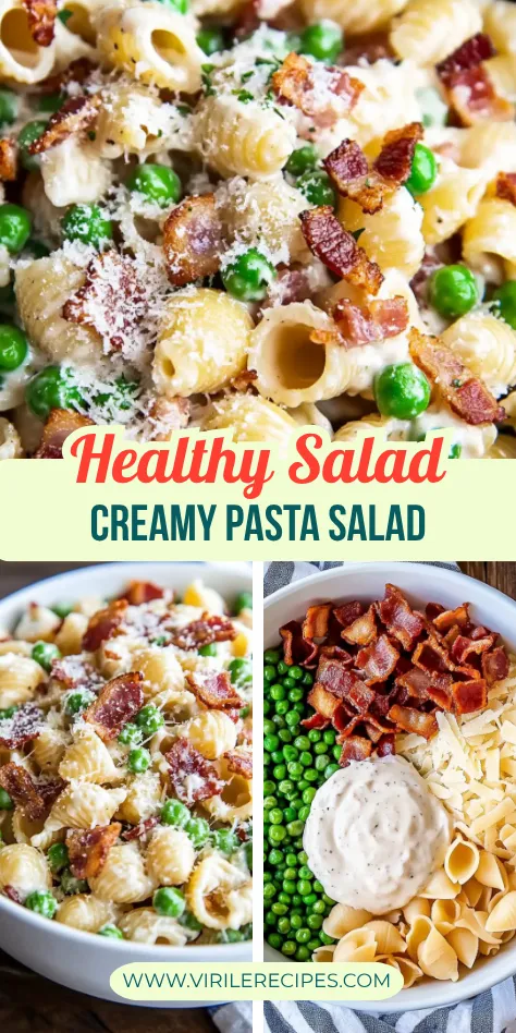 Creamy pasta salad with bacon and peas in a white bowl, shown in both close-up and ingredient prep formats for a healthy salad recipe