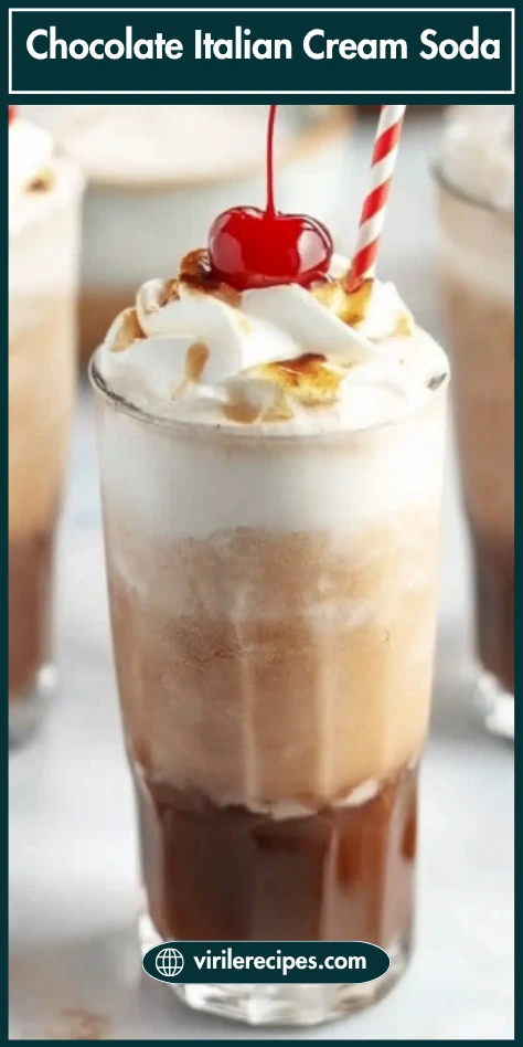 Chocolate Italian cream soda in a clear glass, topped with whipped cream and cherry,