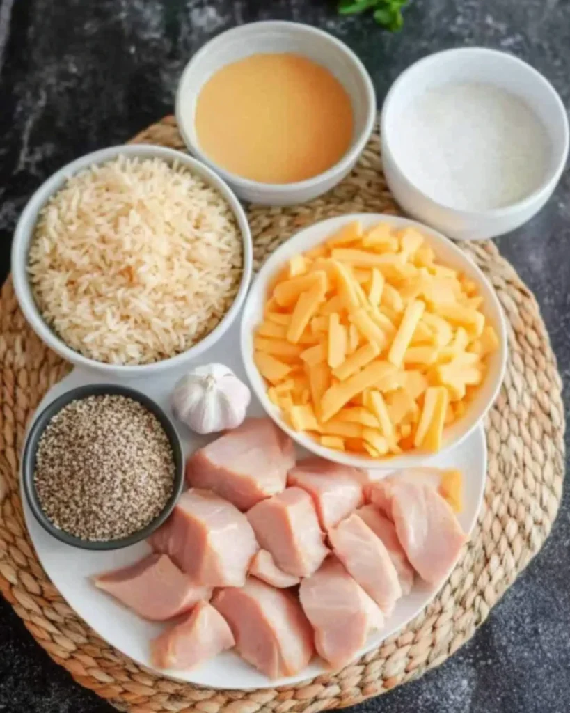 Uncooked chicken, rice, shredded cheddar, garlic, and seasoning displayed on woven placemat for slow cooker recipe