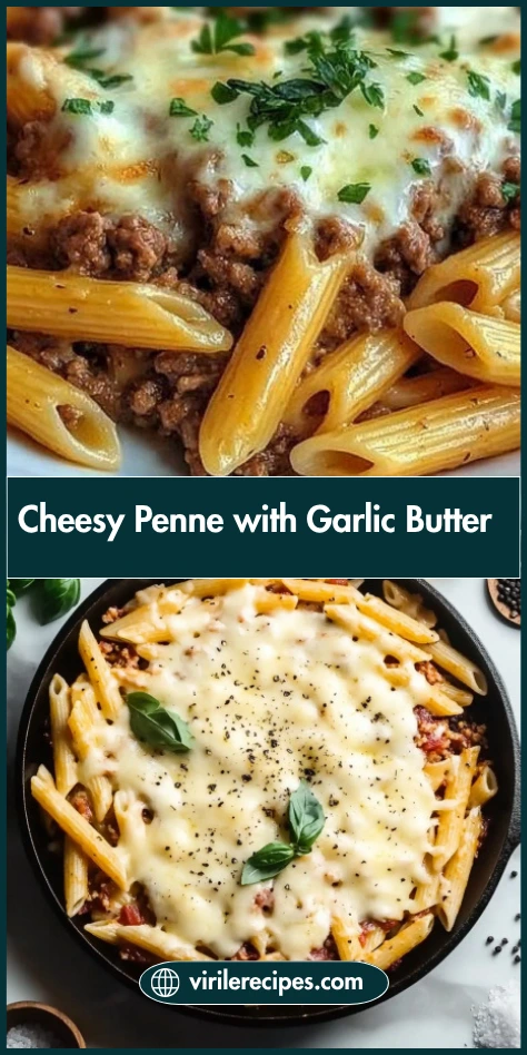Cheesy penne with garlic butter beef shown in skillet and close-up, styled as a blog pin with virilerecipes.com branding.