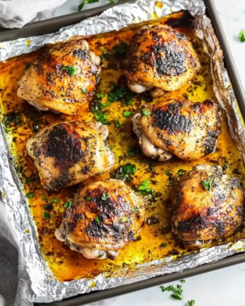 Chicken thighs roasted on a foil-lined baking tray with golden pan juices and herbs