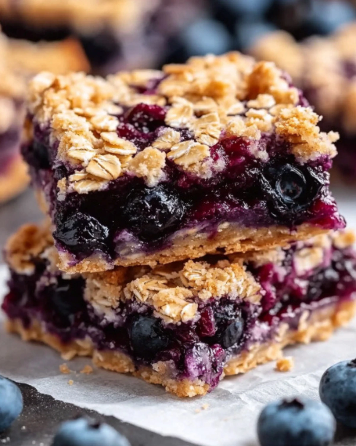 Two stacked blueberry oatmeal bars with golden oat crumble and juicy blueberry filling on parchment paper.