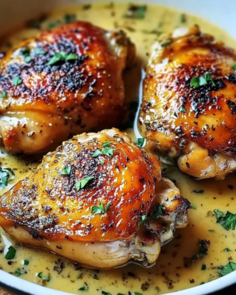 Juicy bone-in chicken thighs cooked in cast iron skillet with creamy garlic lemon sauce