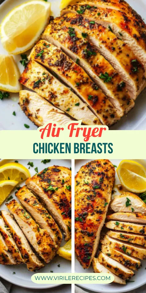 Sliced juicy air fryer chicken breasts with lemon wedges, shown in three close-up shots on a clean white plate.