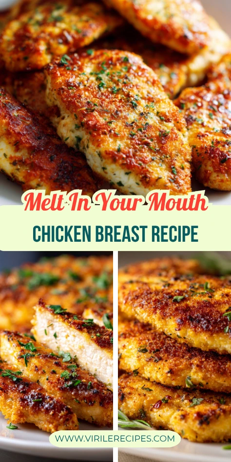 Golden brown baked chicken breast with herbs and crispy coating, sliced and ready to serve