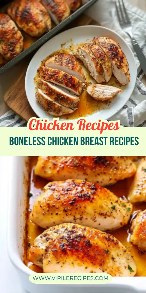 Juicy sliced and whole boneless chicken breasts baked with seasoning, served in a white dish and on a plate with pan drippings