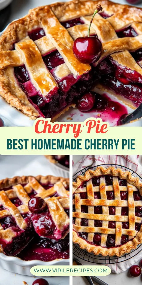 Multiple angles of a homemade cherry pie featuring a glossy, bubbling filling and crisp, golden lattice crust.