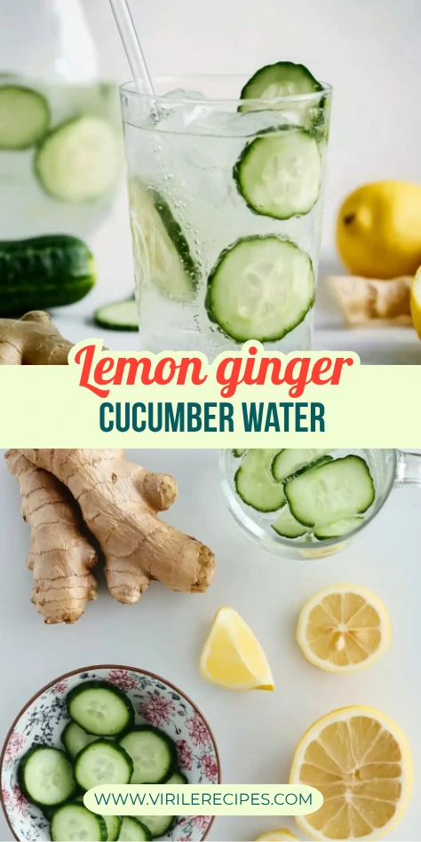 Lemon ginger cucumber detox water with sliced cucumber, lemon, and ginger root