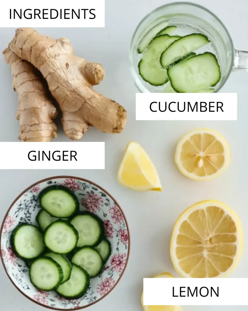 Fresh ingredients for lemon ginger cucumber water including raw ginger, sliced cucumber, and lemon wedges