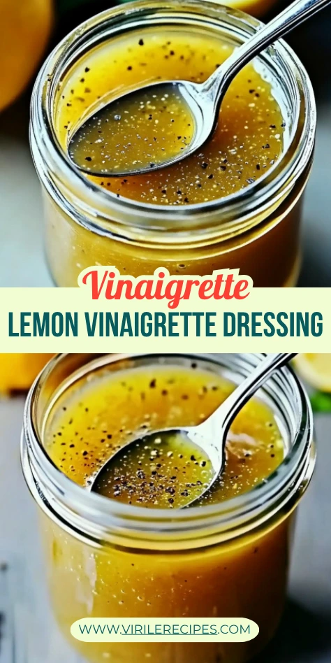 Homemade lemon vinaigrette dressing in jar with text overlay for recipe
